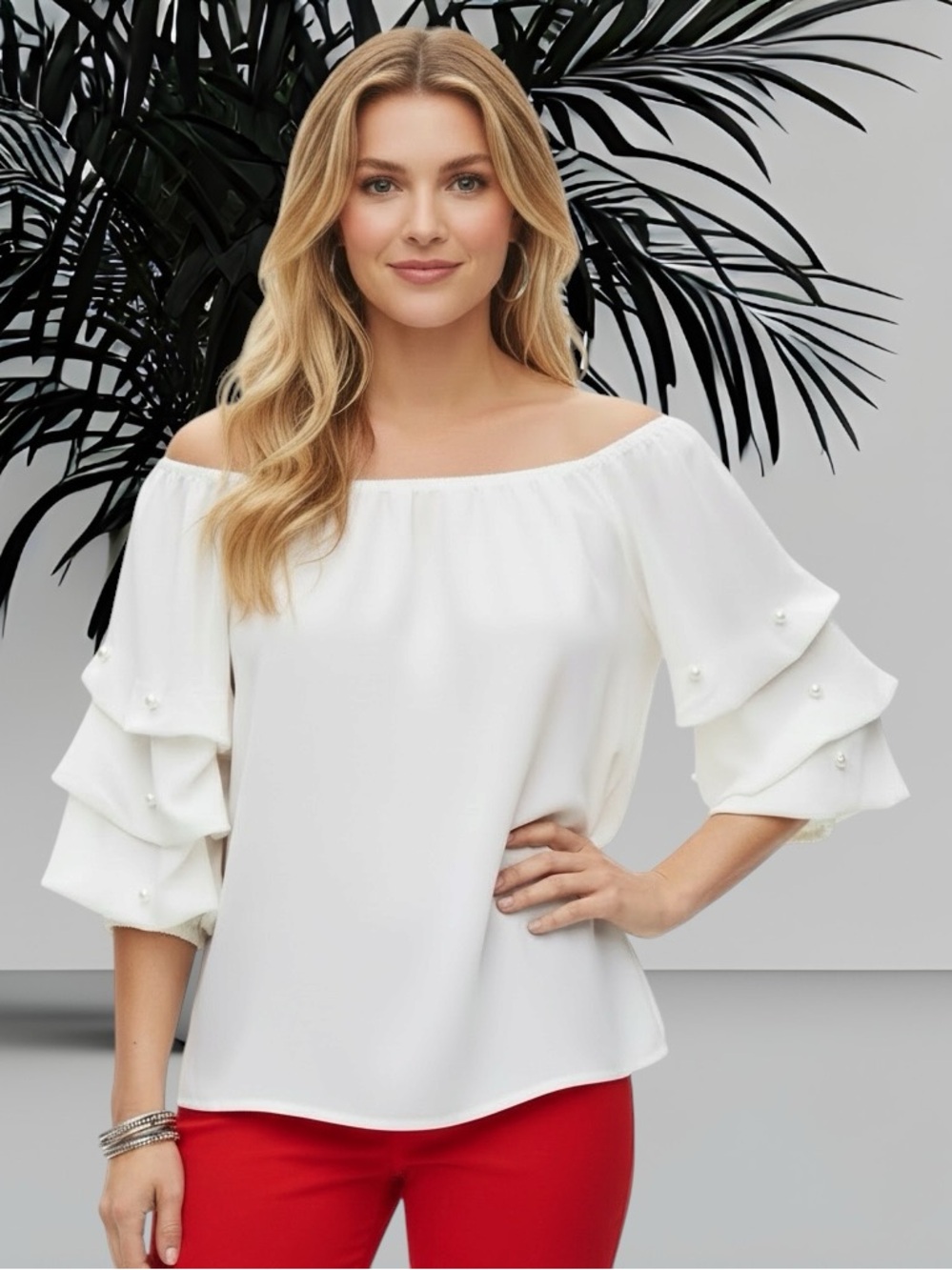 Cece Off Shoulder Blouse Womens Ivory Tiered Balloon Sleeve Boho Chic Romantic